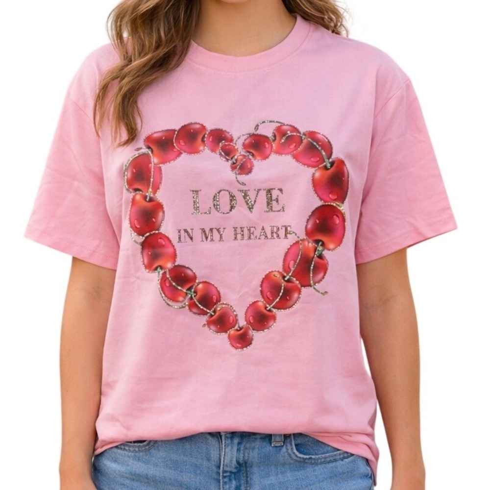 Muy Muy Women's Cherry Heart Printed Short Sleeve Crewneck Pullover Shirt Size M